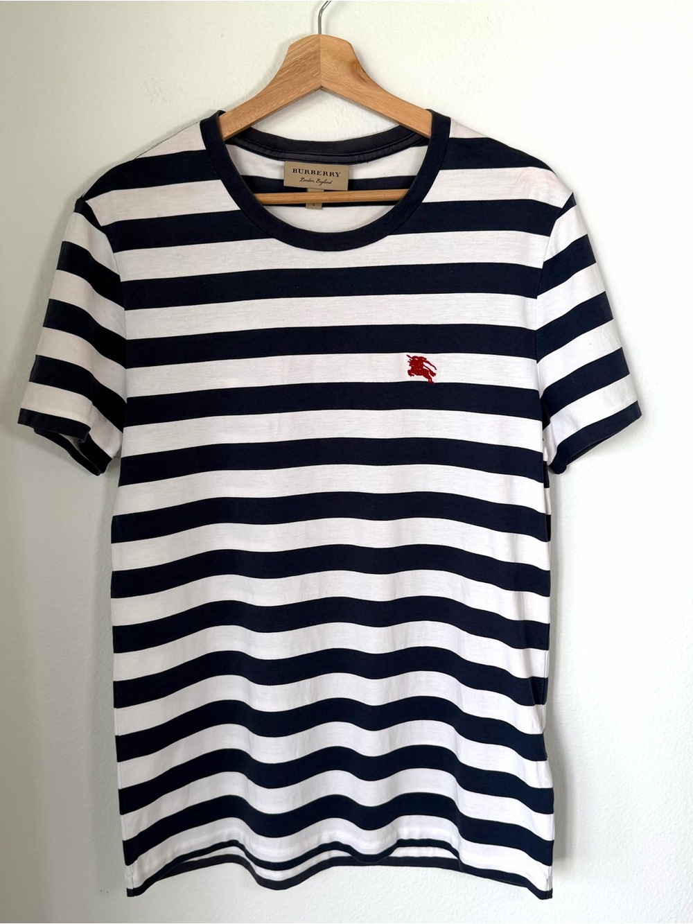 Burberry London Signature Logo Stripe Navy White Cotton T-Shirt Women’s Large - Picture 1 of 17
